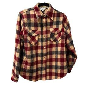 Woolrich Plaid Wool Flannel Shirt Red Tan Beige Women's Size XS Vintage